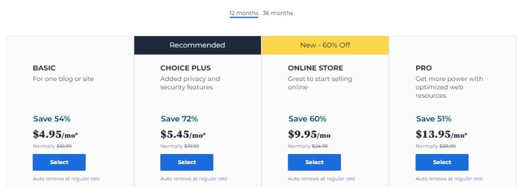 BlueHost Pricing & Plan
